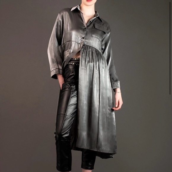 Kate Hewko Silver Button Down Shirt Dress / Kimono Duster w/ Dolman Sleeves - Picture 2 of 14
